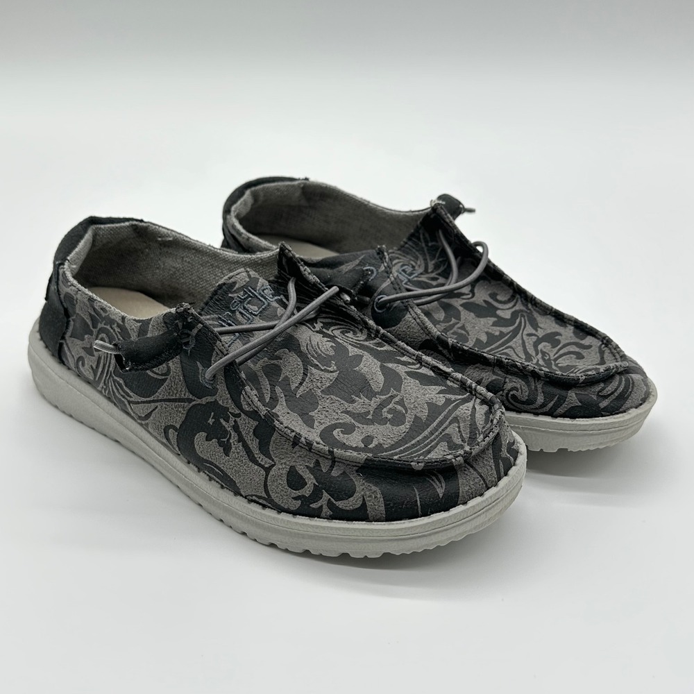 Hey Dude Womens 5 Wendy Ranch Gunmetal Loafers Black Grey Scroll Western Comfy